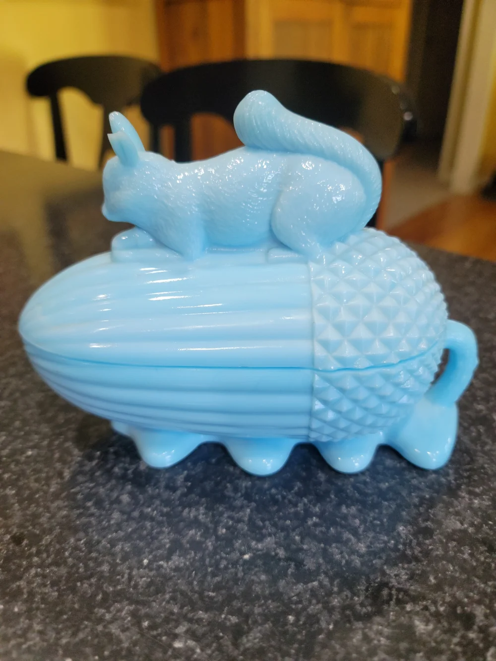 Vintage Portieux Vallerysthal Blue Milk Glass Squirrel Acorn Covered Dish France